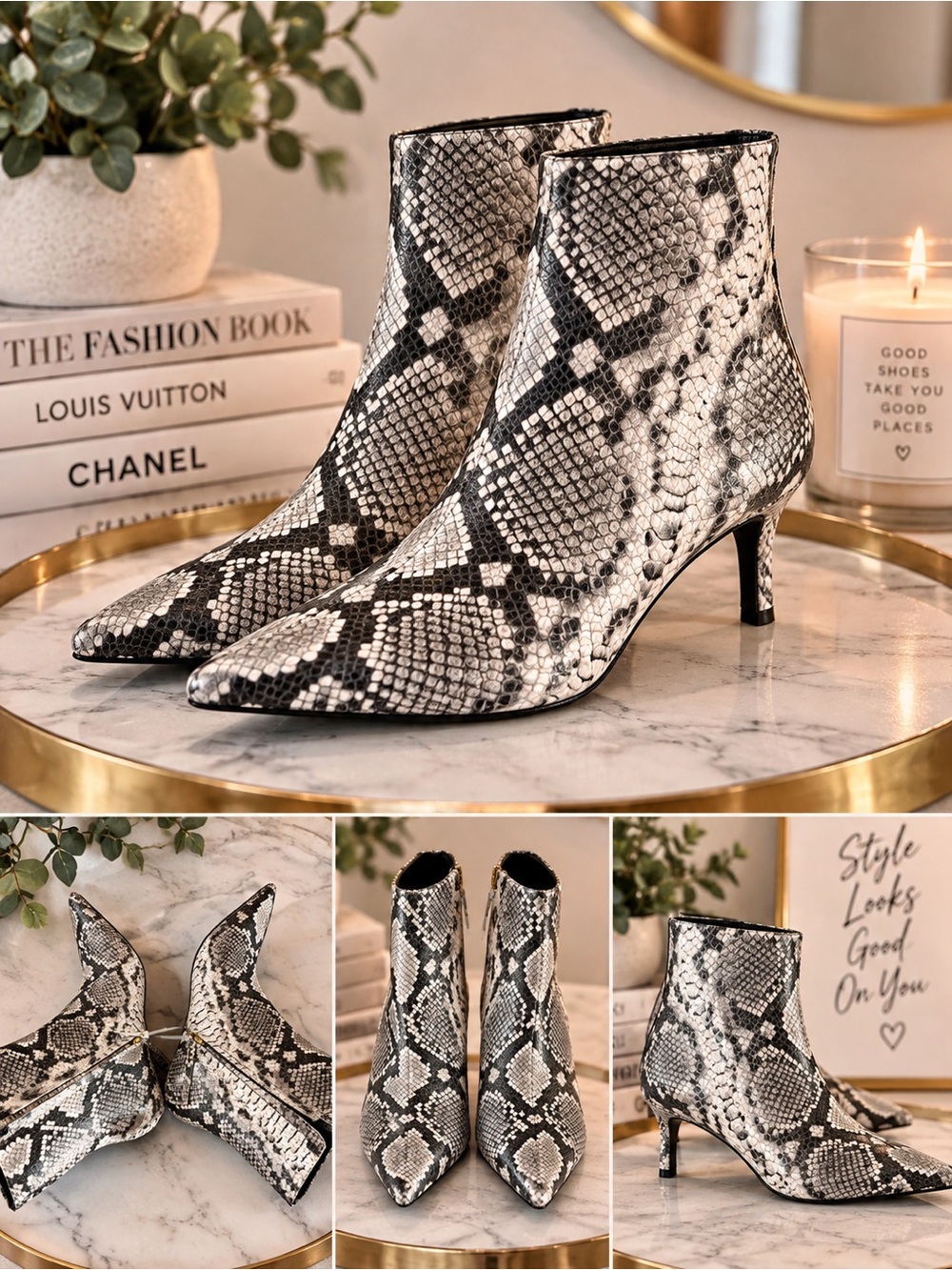Seychelles Black & White Snake-Print Pointed Kitten Heel Ankle Boots